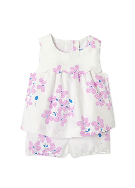 White Patterned Poplin Baby Girl Shorts Set