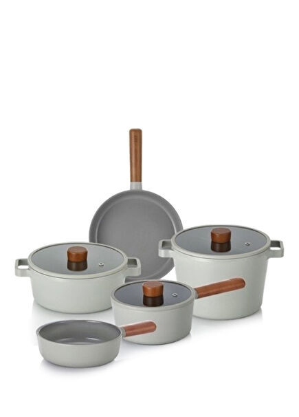 Fika Grey Aluminum Cast Iron 8 Piece Pots and Pans Set with Glass Lid