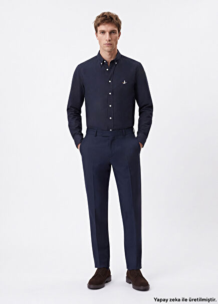 Slim Fit Lacivert Lycralı Oxford Gömlek