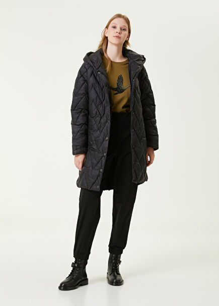 Black Quilted Long Coat with Hood