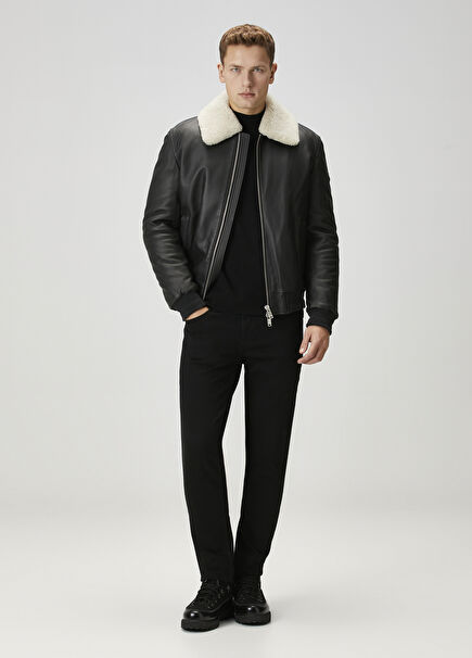 Toba Siyah Shearling Detaylı Deri Mont