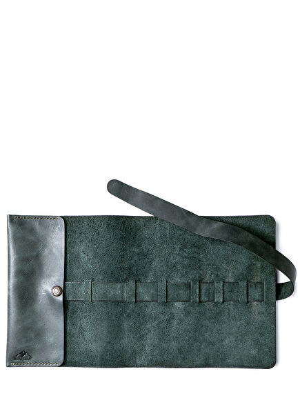 Perge Logo Detailed Emerald Green Roll-Up Leather Pen Case