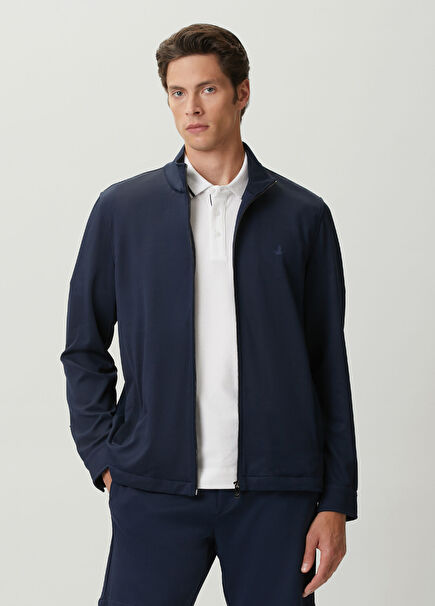 Lacivert Diyagonal Dokulu Fermuarlı Sweatshirt