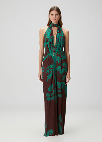 Kahve Yeşil Desenli Maksi Elbise