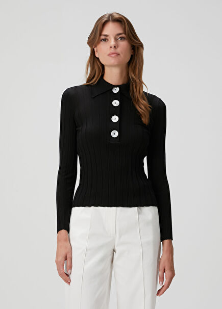 Sugarman Black Wool Polo Sweater