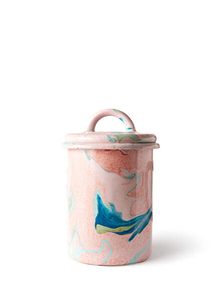 New Marble Pembe Ebru Emaye Kavanoz