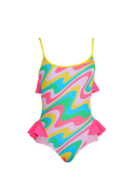 Multicolor Retro Wave Print Girls Swimsuit with Ruffles on the Sides