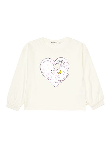 Bej Kedi Figürlü Kız Çocuk Uzun Kollu T-shirt