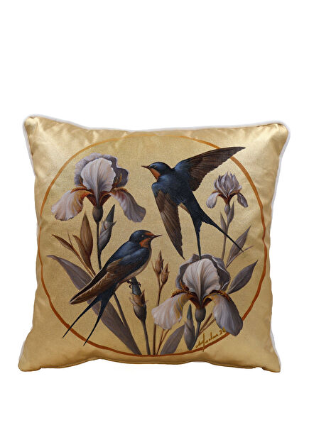 Golden Swallows Desenli Keten Dekoratif Kırlent 45 x 45 cm