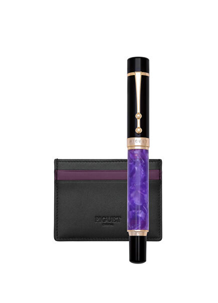 Amour Violet Rollerball Pen and Leather Card Holder Set