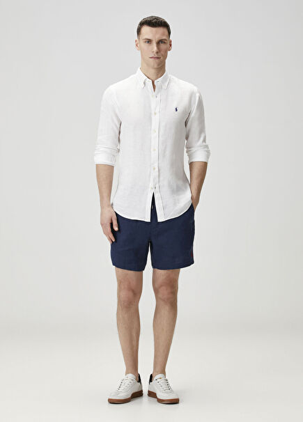 Navy Blue Waist Corded Linen Shorts