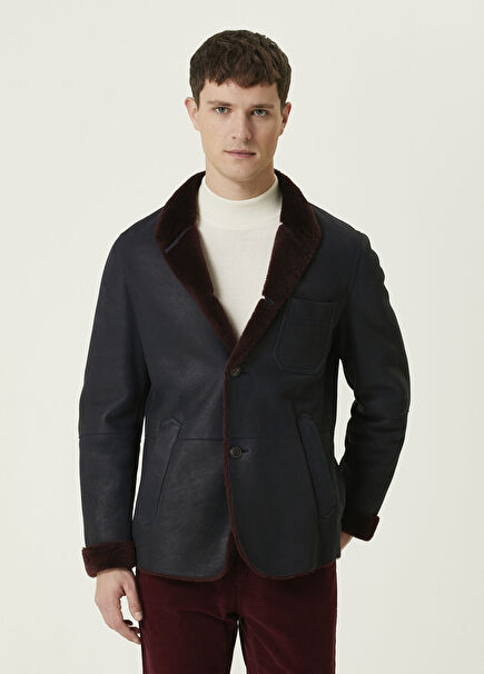 Lacivert Shearling Detaylı Deri Ceket
