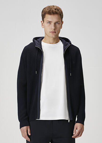 Lacivert Kapüşonlu Triko Hırka