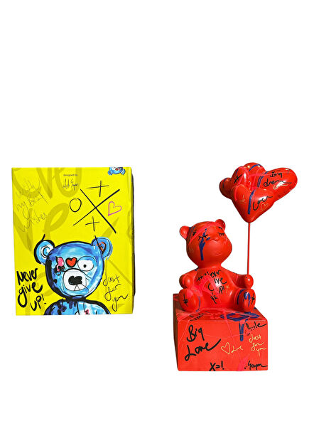 Oturan Balonlu Ayıcık Pop Art Kırmızı Dekoratif Heykel