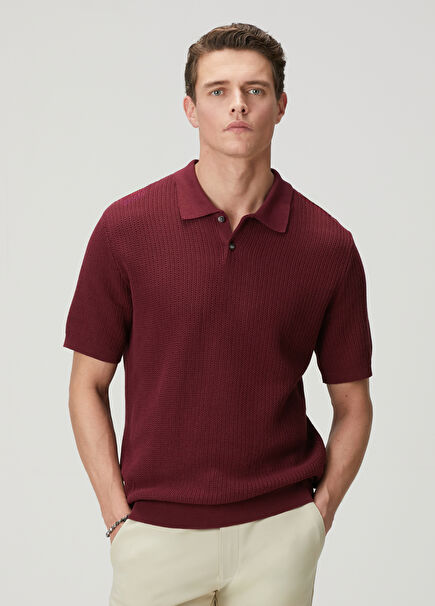 Vişne Polo Yaka Kısa Kollu Dokulu Triko
