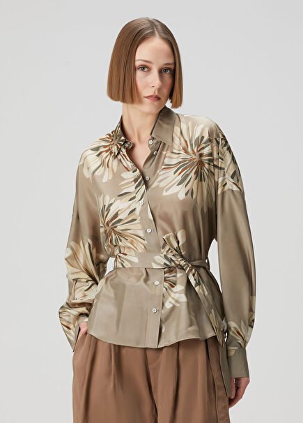 Khaki Floral Silk Shirt