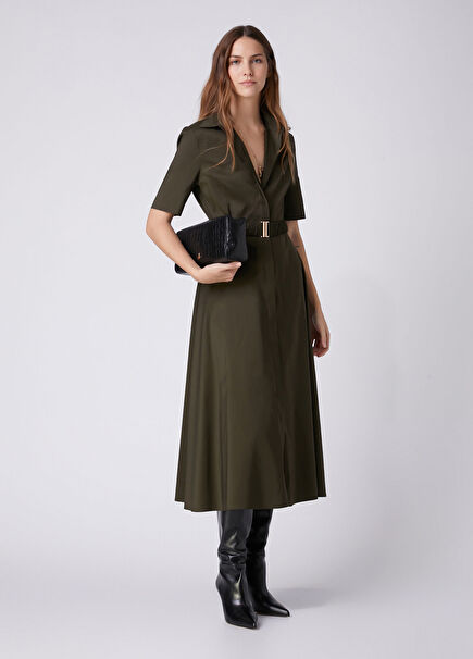 Khaki Belted Midi Taffeta Dress