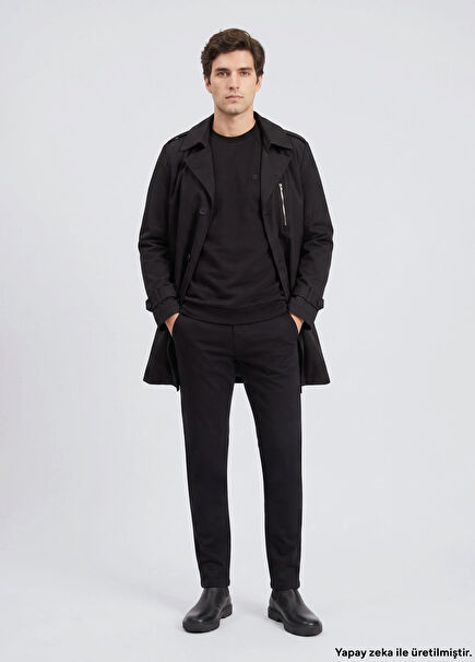 Slim Fit Siyah Mono Kapamalı Kuşaklı Pardösü
