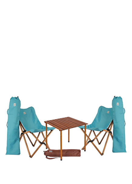Wooden Brown Turquoise Folding Camping Table and Chair Set