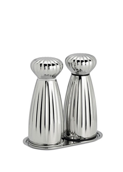 Gri Metal Tepsili Tuzluk ve Biberlik Seti