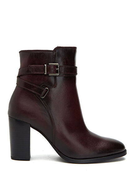 Burgundy Belt Detail Women's Leather Boots