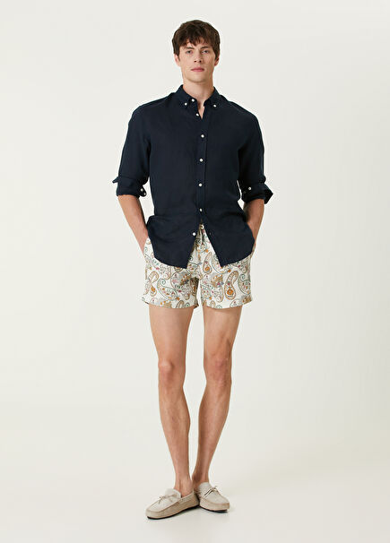 White Ethnic Patterned Linen Shorts