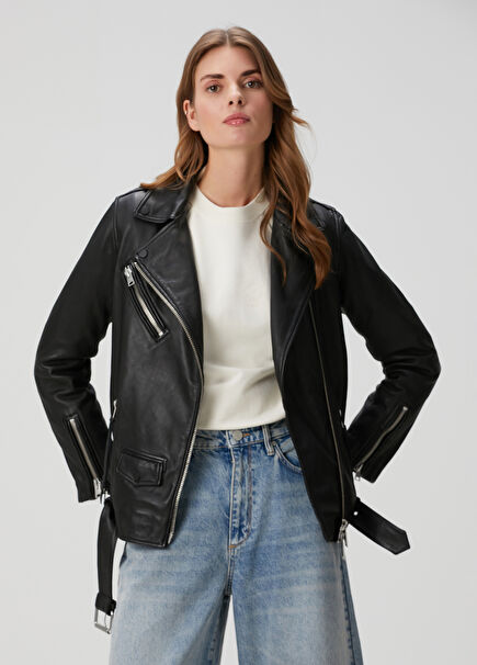 Billie Relaxed Fit Black Leather Biker Jacket