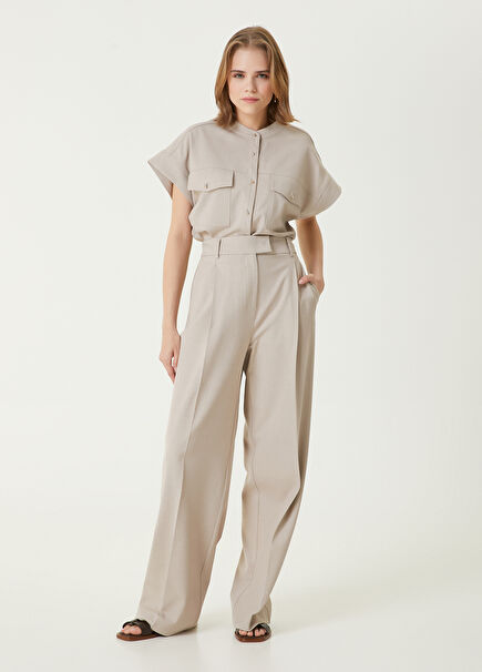 Bej Pile Detaylı Pantolon