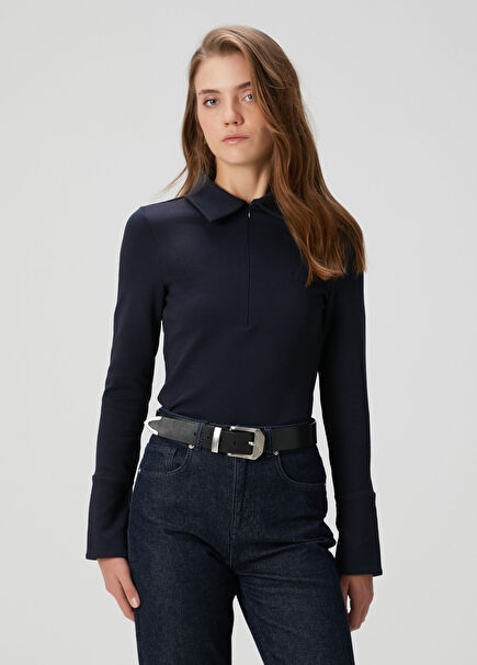 Lacivert Fermuarlı Bluz