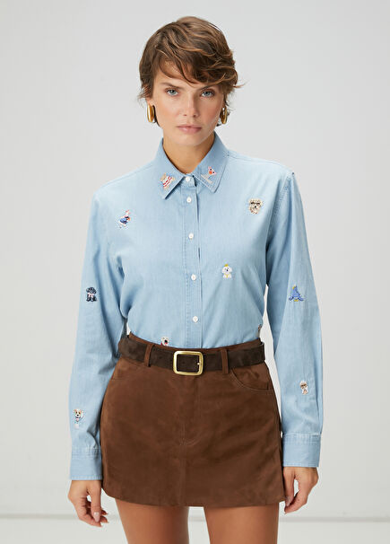 Blue Figure Embroidered Shirt
