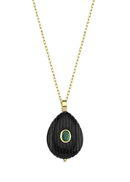 Handmade Black Onyx and Emerald Stone 14 Karat Yellow Gold Women's Gold Charm