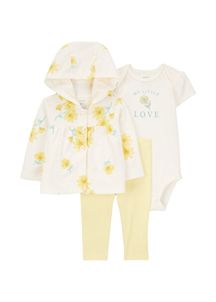 Layette Colorful Hooded Cardigan Bodysuit and Pants Baby Girl Set Set of 3