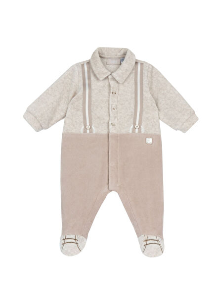 Krem Pamuklu Şönil Önden Açılan Erkek Bebek Tulum