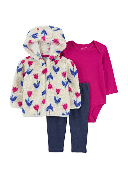 Kapüşonlu Hırka Pantolon ve Çıtçıtlı Body Kız Bebek 3'lü Set 