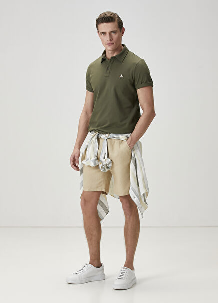 Beige Waist Corded Linen Shorts