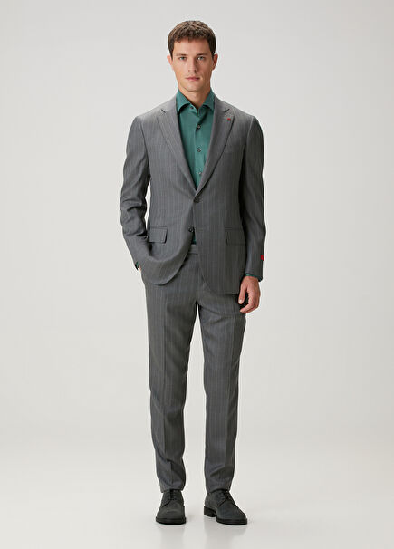 Grey Green Stripe Pattern Wool Suit