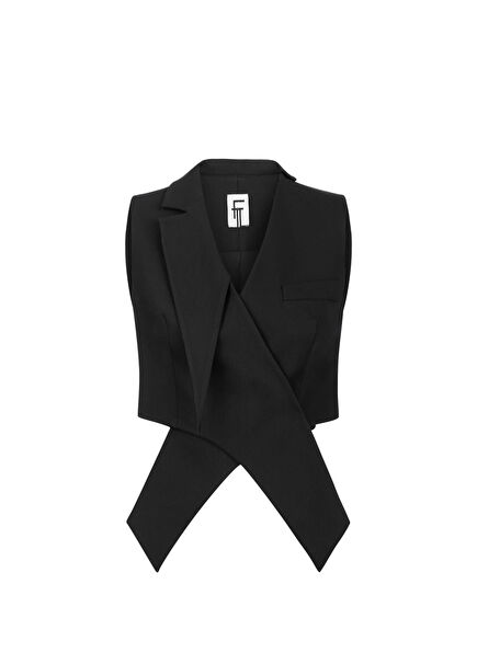 Karla Siyah Asimetrik Kumaş Detaylı Kadın Crop Yelek