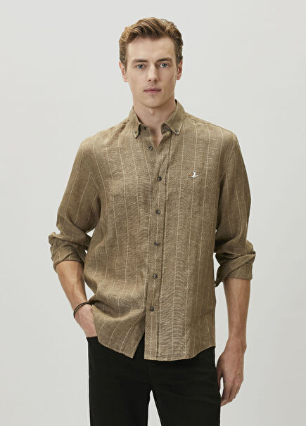 Comfort Fit Khaki Striped Linen Shirt