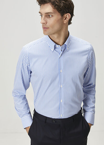 Custom Fit Mavi Çizgi Desenli Gömlek