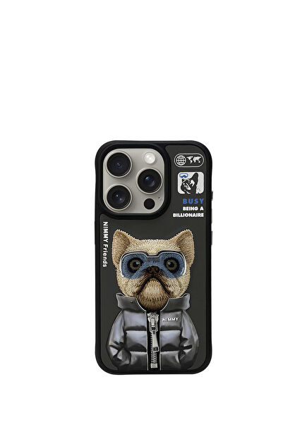 iPhone 15 Pro Compatible 3D Glasses Zipper Dog Detailed Embroidery Embossed Cool Cute Phone Case