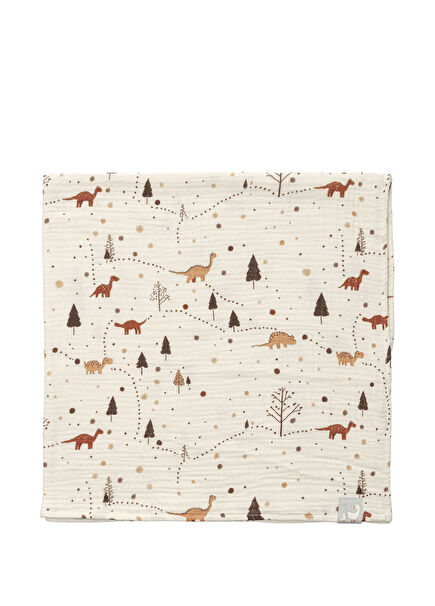 DinoDrift Desenli Krem Rengi 4 Kat Müslin Bebek Örtüsü 100 x 110 cm