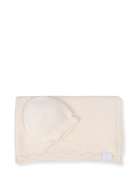 Violet Ecru Organic Cotton Knitwear Baby Blanket and Hat Set of 2