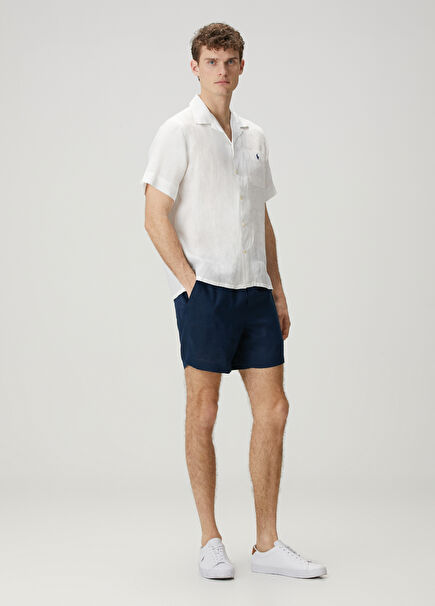 Navy Blue Waist Corded Linen Bermuda