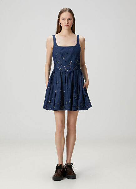 Lacivert İşlemeli Mini Denim Elbise