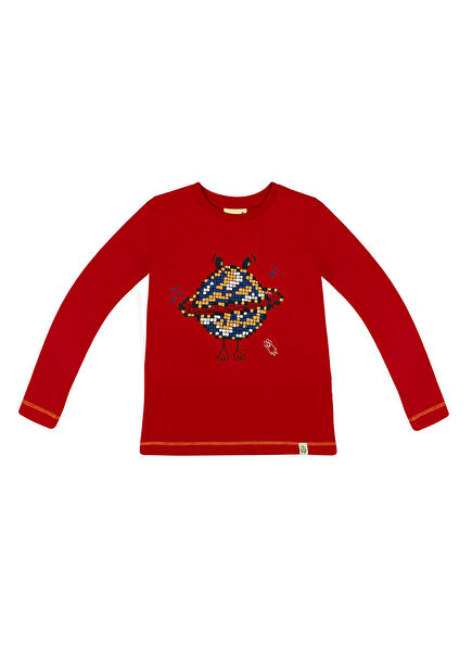 Red Dancing Planet Printed Long Sleeve Boy's T-Shirt