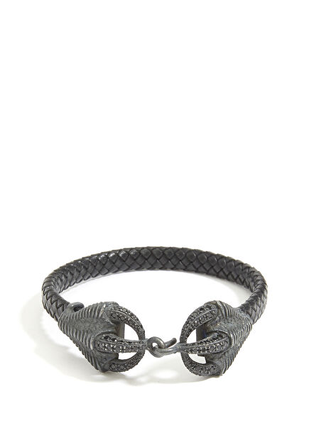 Örgü Dokulu Pençe Detaylı Erkek Gümüş Bileklik