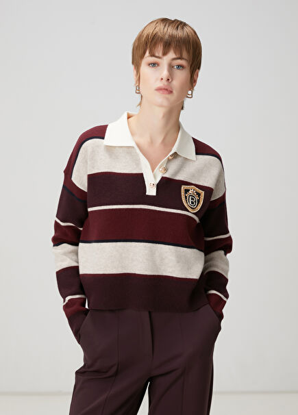 Burgundy Striped Polo Wool Sweater