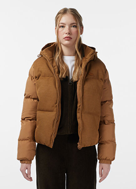 Açık Kahverengi Kapüşonlu Kadın Mont