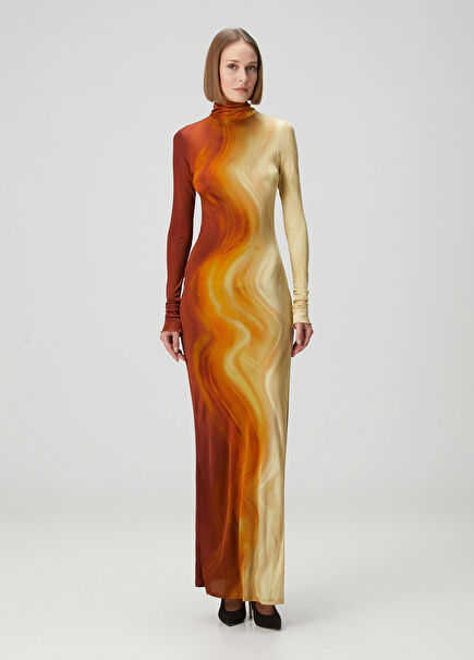 Turuncu Desenli Maksi Elbise