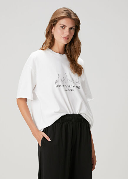 Oversized White Logo Printed T-Shirt